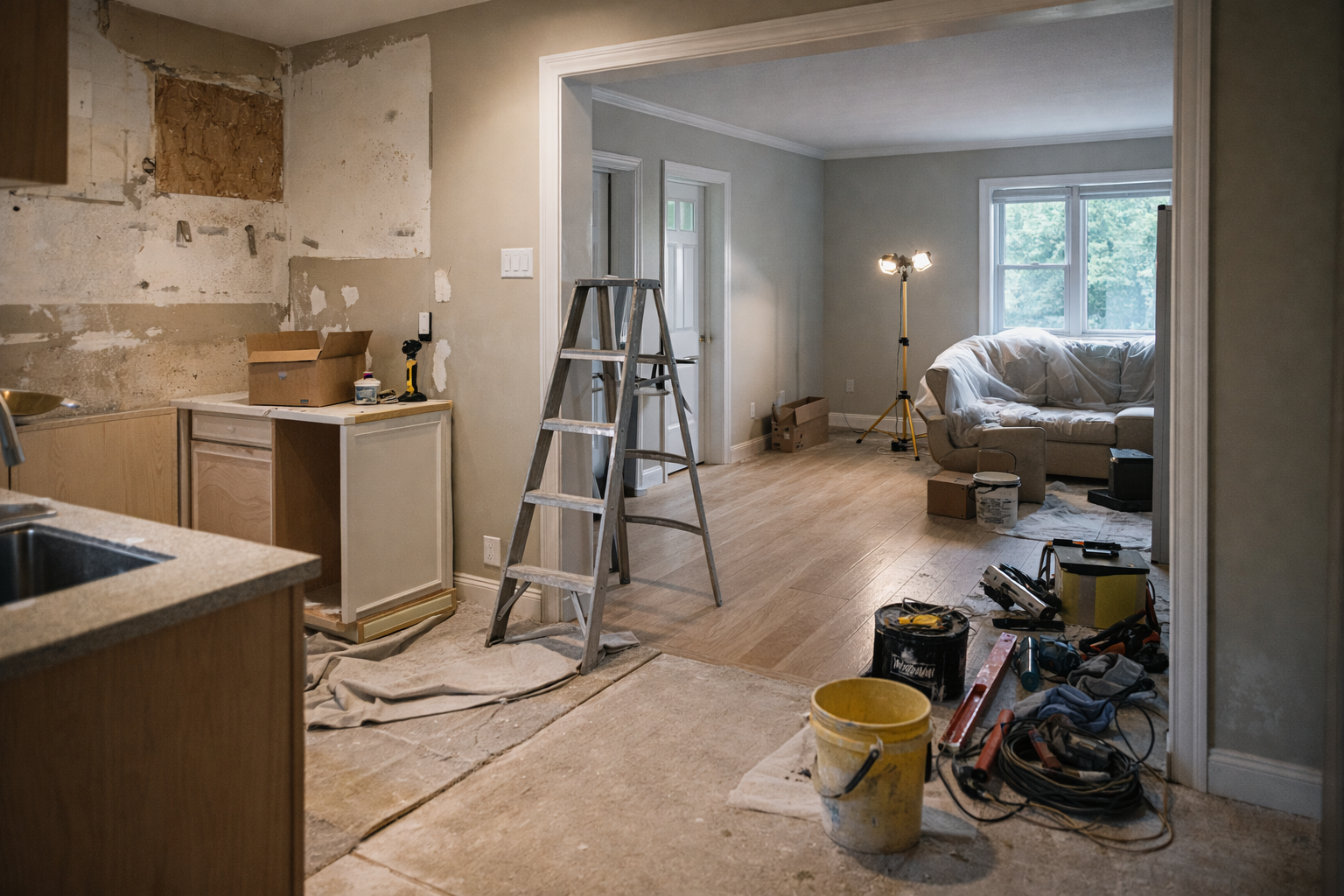 Interior of a home in Durham Region during a renovation, showing unfinished kitchen and living space as homeowners consider updates before selling.