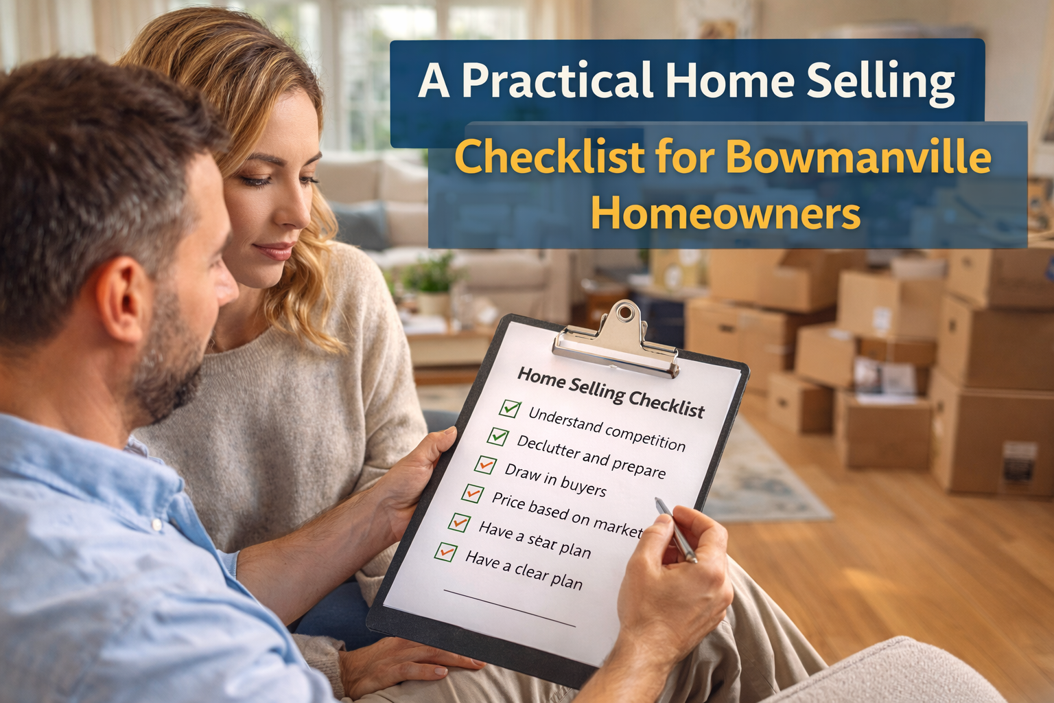 Homeowners reviewing key steps to prepare a home for sale in Bowmanville and Durham Region.