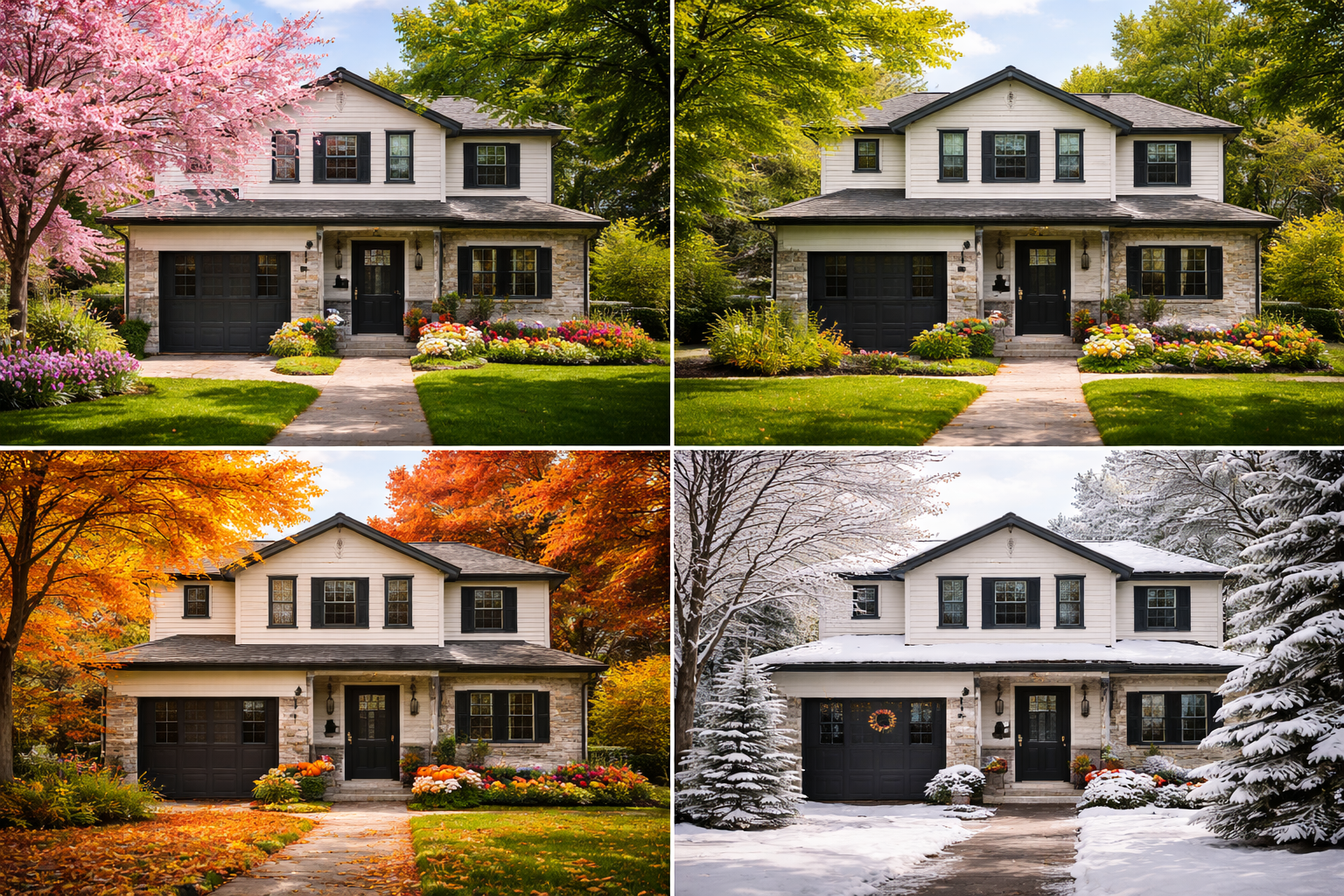 The same Bowmanville home shown across different seasons, illustrating how timing and seasonality can influence selling a home.