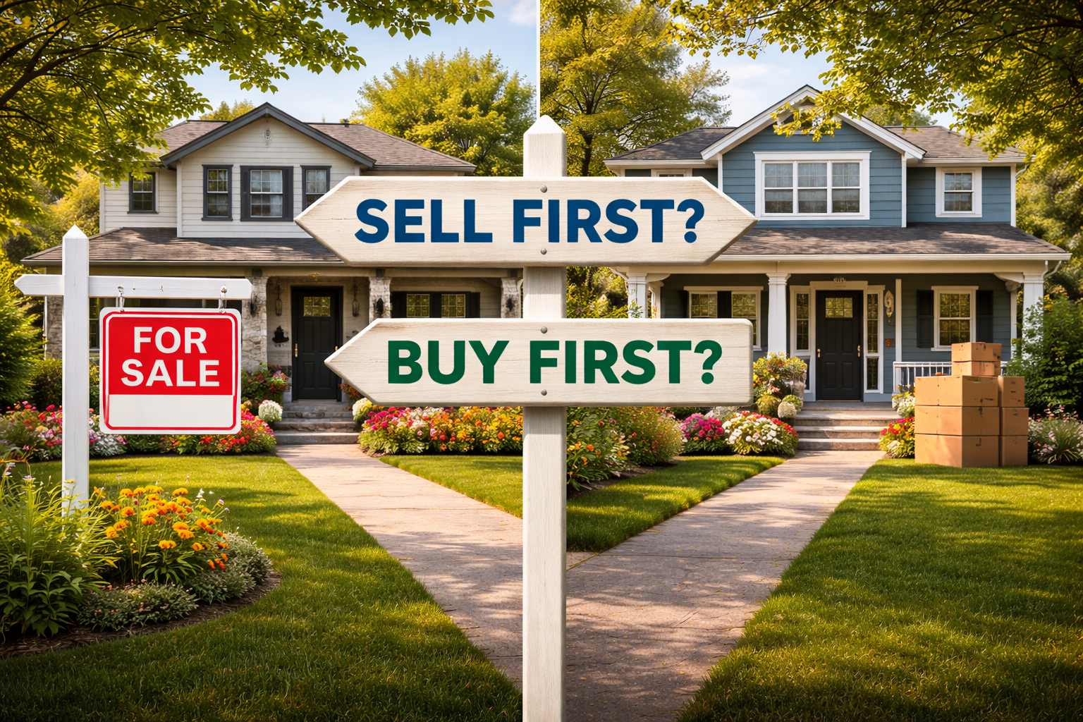 Two homes in a Clarington neighbourhood illustrating the decision homeowners face when choosing whether to sell first or buy first.