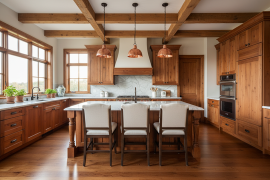 a beautiful kitchen with wooden cabinets inside a luxury homes, a large island with 3 hanging pendant lights aligned equally over top of it and 4 couner height cchairs, exposed wooden beams, large windows, hardwood floor and