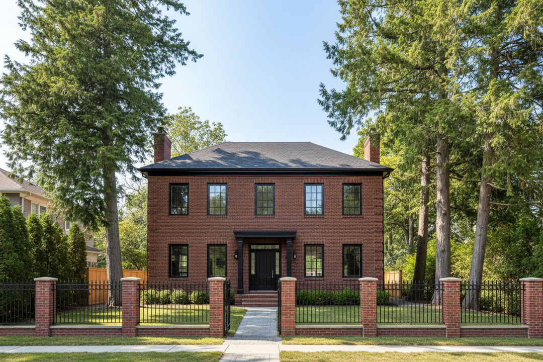 A residential redbrick home.  2 Storeys.  New build but old style.  Black accents, dark roof.  Boxy look.  Large cedar trees in the yard.  Fence surrounding the house with Brick pillars the same as the house. 