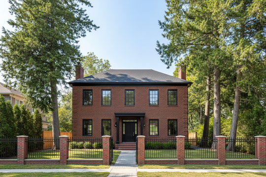 A residential redbrick home.  2 Storeys.  New build but old style.  Black accents, dark roof.  Boxy look.  Large cedar trees in the yard.  Fence surrounding the house with Brick pillars the same as the house. 