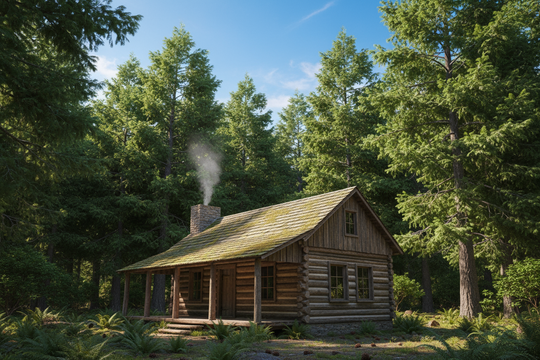 A wooden cabin nestled in a cedar forest during the day with a blue sky