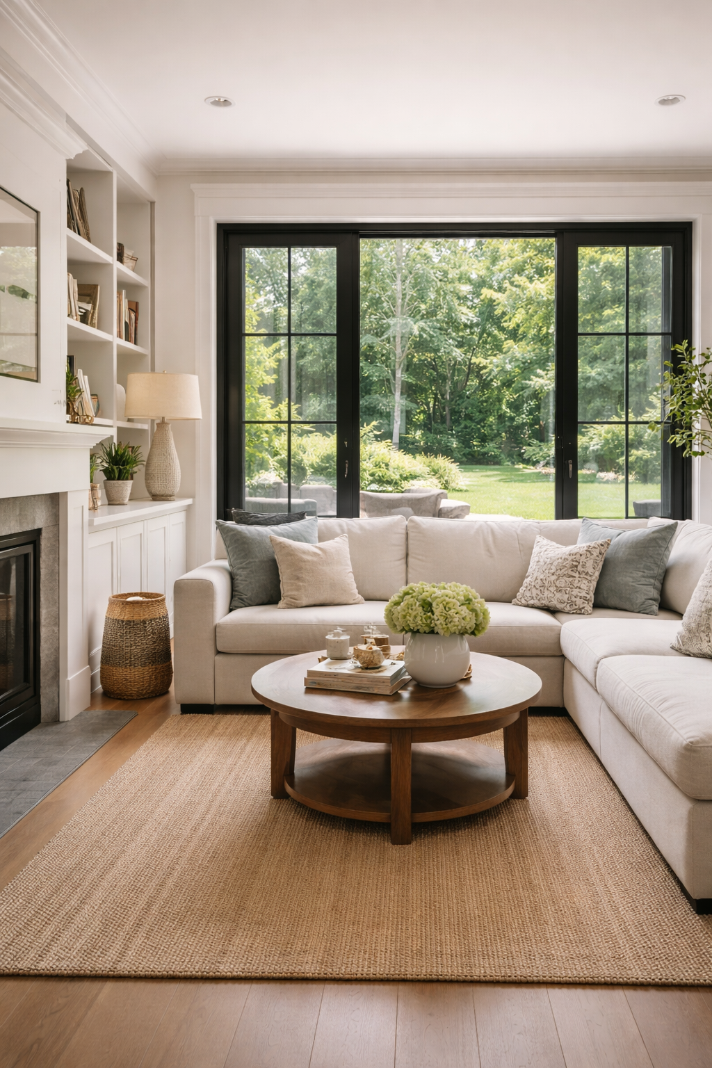 Calm, staged living room with neutral décor and natural light, creating a welcoming space for home sellers and buyers in Durham Region, Clarington, and Bowmanville.