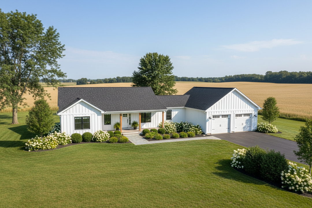 Classic Bungalow in a wide lot in the country.  White Board and Batton.  Black roof. Black windows.  Fields surrounding it.  3 Car garage.  Green landscaping. 
