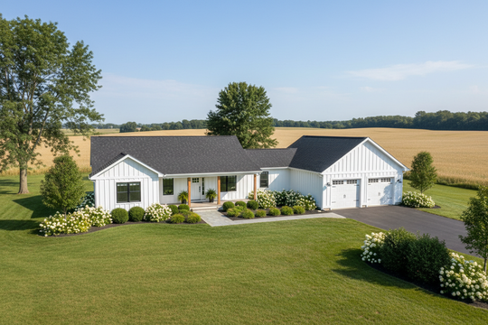 Classic Bungalow in a wide lot in the country.  White Board and Batton.  Black roof. Black windows.  Fields surrounding it.  3 Car garage.  Green landscaping. 