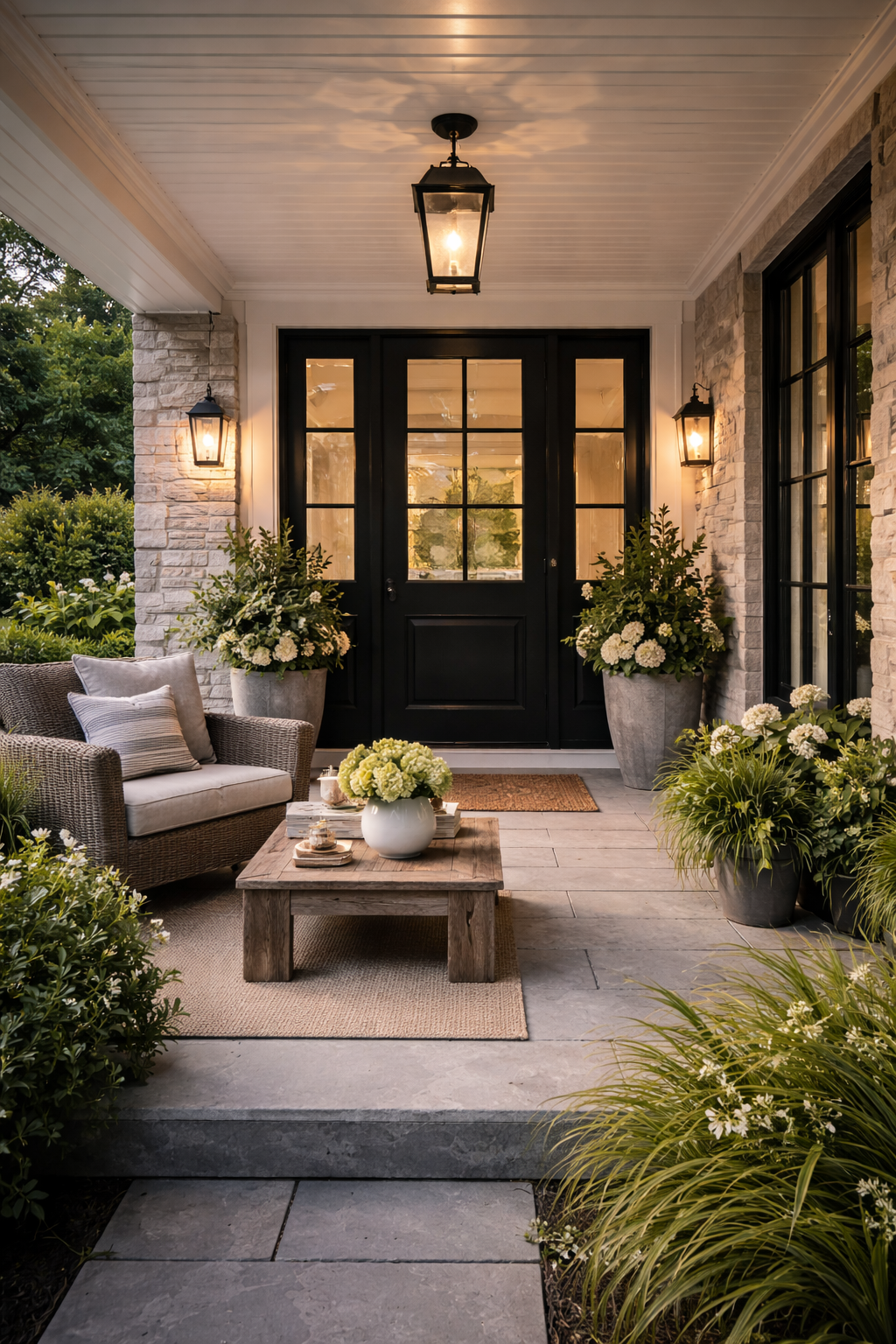 Inviting front porch with warm lighting and neutral staging, creating a welcoming first impression for home buyers in Durham Region, Clarington, and Bowmanville.