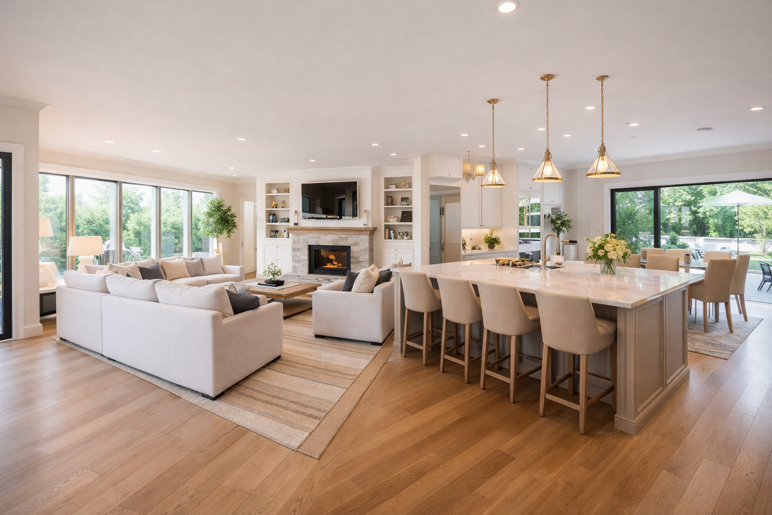 Luxury open concept kitchen and living room with modern finishes, natural light, and staging in Durham Region Ontario