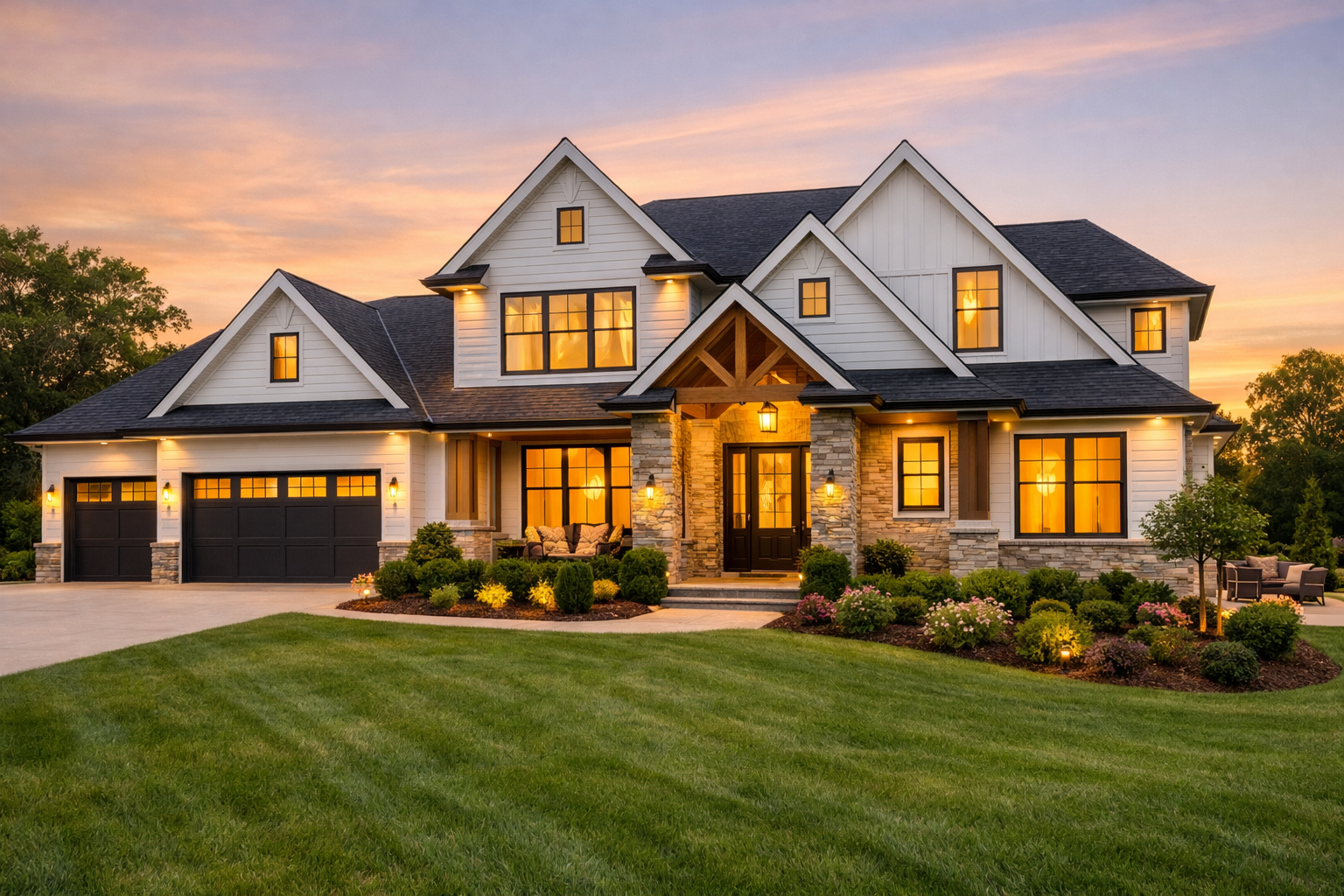 Luxury suburban home exterior at golden hour with warm lighting, landscaped yard, and modern farmhouse design in Durham Region Ontario