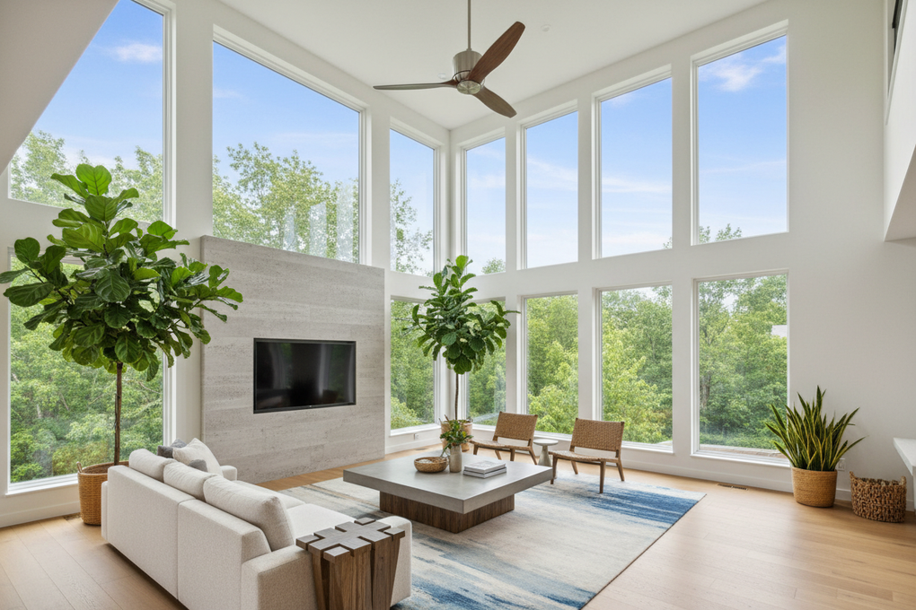 Modern open concept living room with bright open living space and high ceiling tall windows and a large ceiling fan with modern furniture and summer time outside the windows
