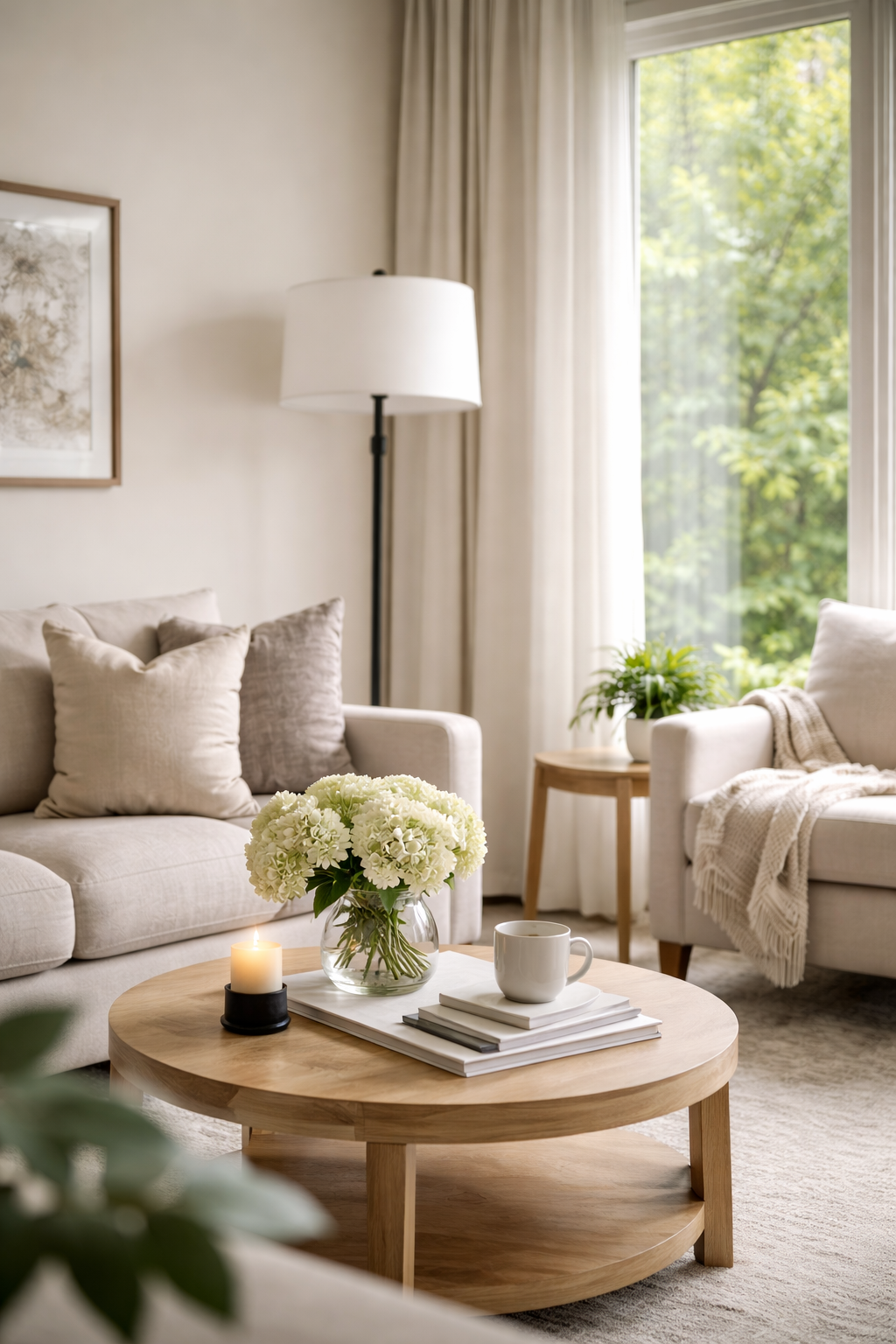 Bright, staged living room with neutral décor, creating a calm and inviting space for home buyers in Durham Region.