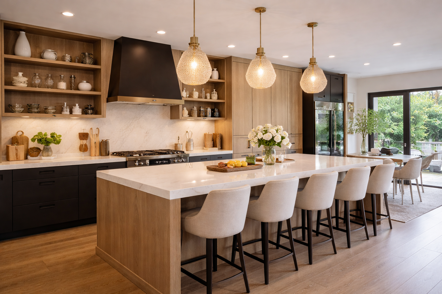 Warm designer kitchen with waterfall island, wood cabinetry, brass pendant lighting, and modern finishes in Durham Region Ontario